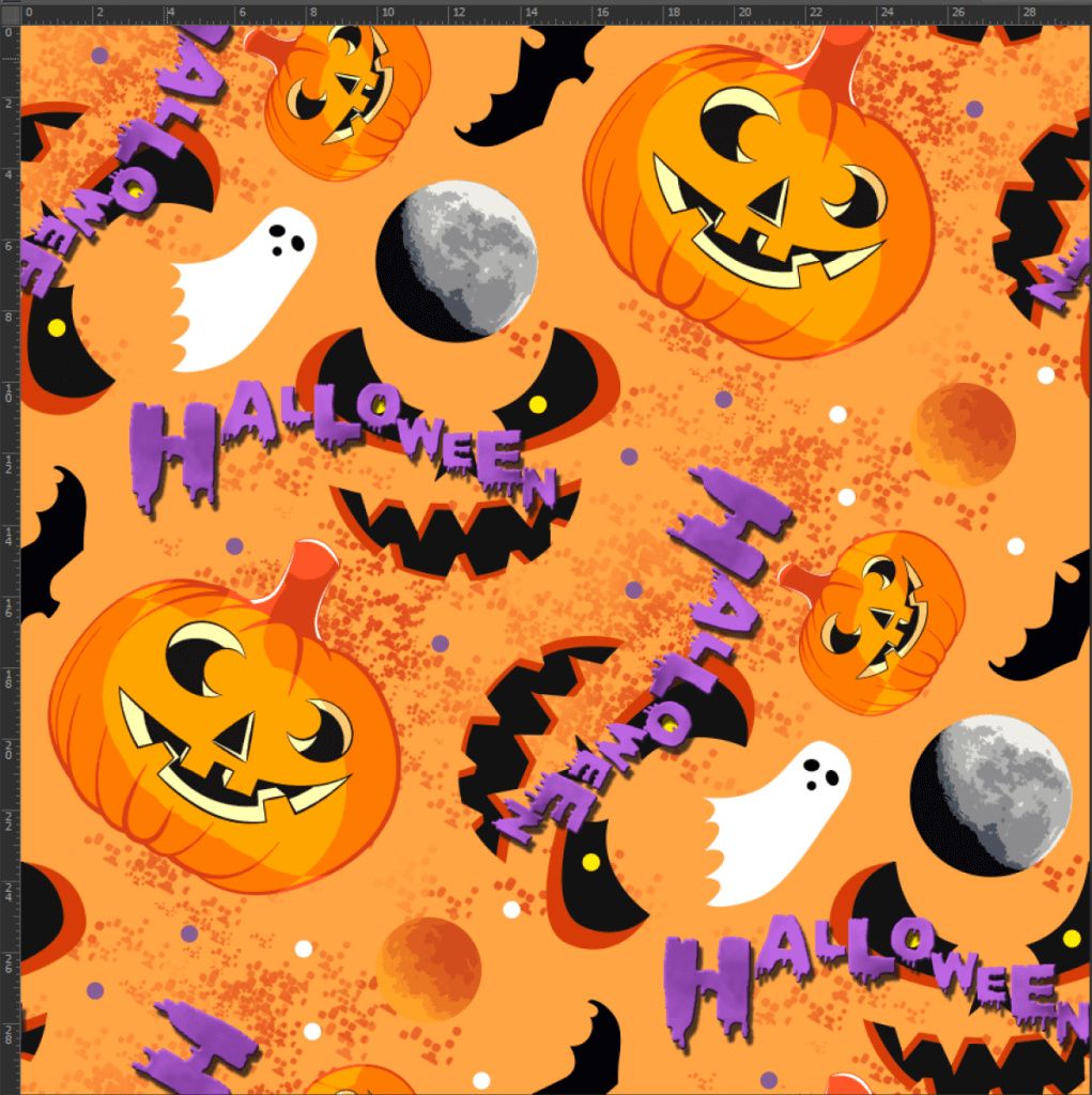 Jersey-Stoff Digitaldruck - Halloween-Kürbisse auf orangefarbenem Hintergrund