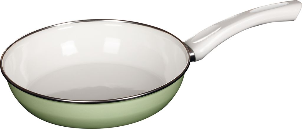 A light green frying pan with a white handle is shown against a white background.