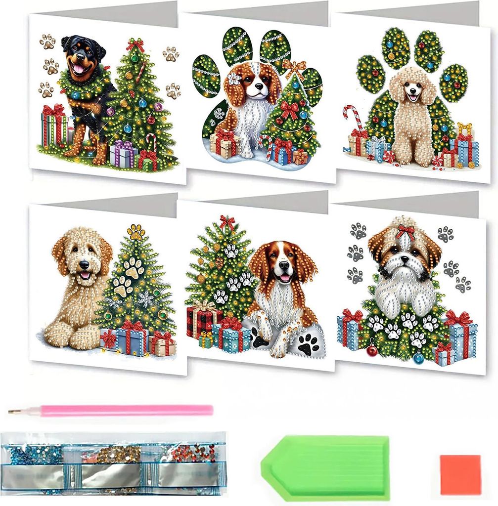 6-teiliges Set zum Selbermachen von Strass-Kunst-Malkarten, Weihnachtsgrußkarten-Bastelset mit Umschlägen, 5D-Strassmalerei mit Schneemann, Katze...