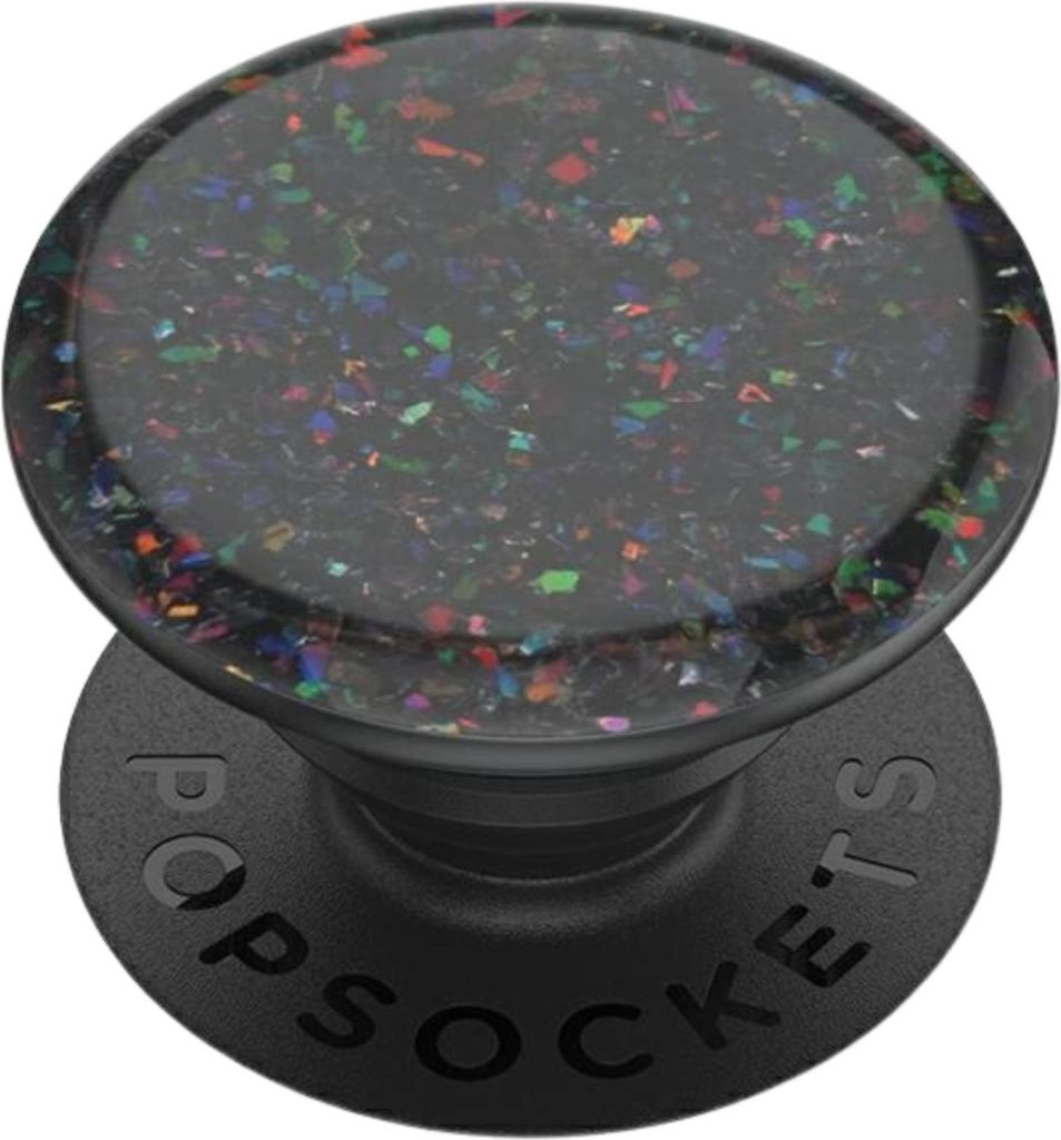 A black PopSocket with iridescent confetti-like pieces embedded in the top surface, shown against a white background.