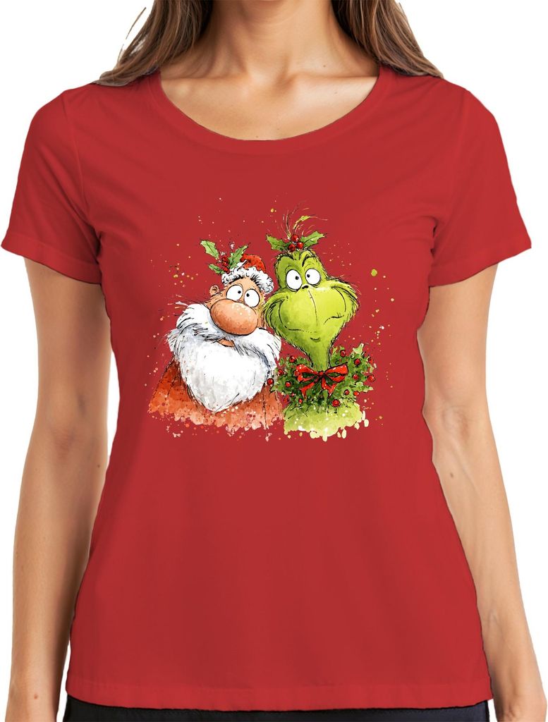 Grinch Weihnachtsmann lustig Weihnachten Kranz Geschenk Cartoon Damen T-Shirt, Rot, XL