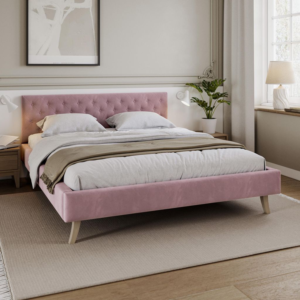 FDM Bett ZUZA 160x200 cm Polsterbett mit Lattenrost aus Holz Samt Trinity altrosa