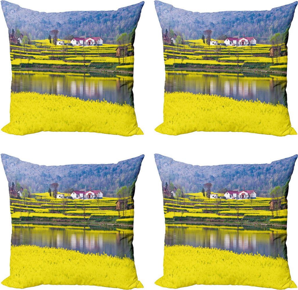 ABAKUHAUS Gelbe Blume Kissenbezug Set (4 Stück), Frühlingslandschaft, Moderner Doppelseitiger Digitaldruck, 40 cm x 40 cm, Hunter Grün Gelb