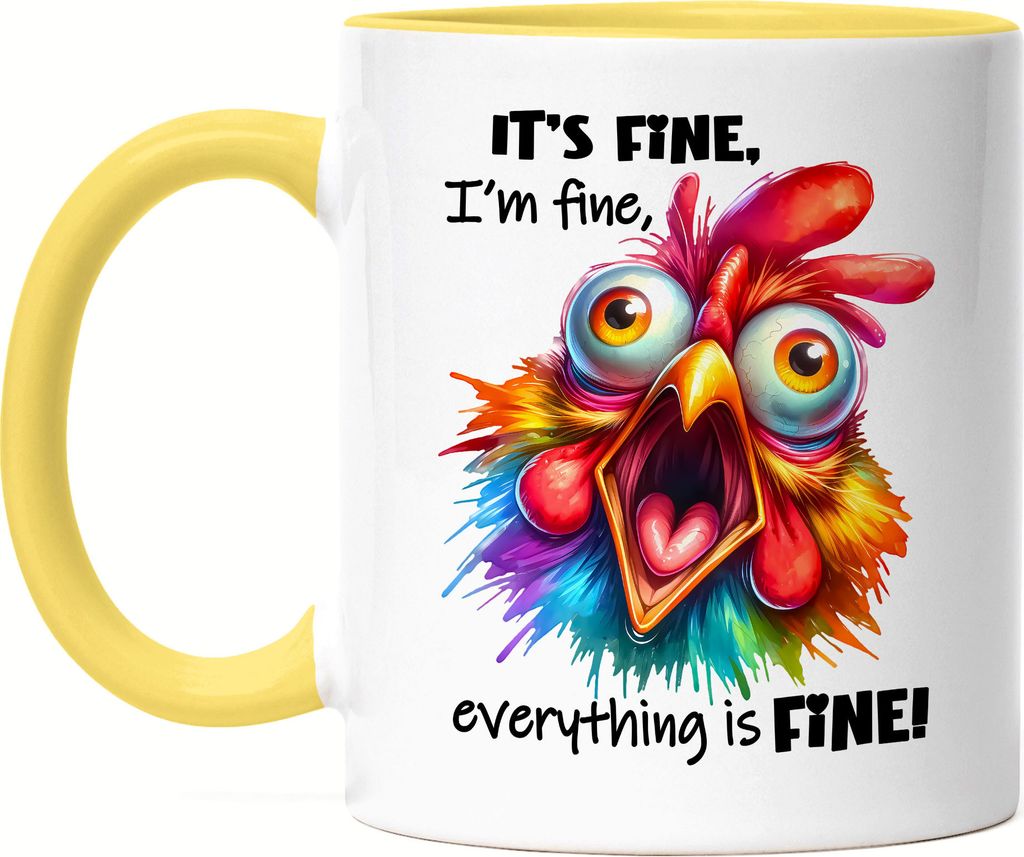 It's Fine I'm Fine Tasse Gelb Lustiges Huhn Stress Humor Geschenkidee Sarkastisch