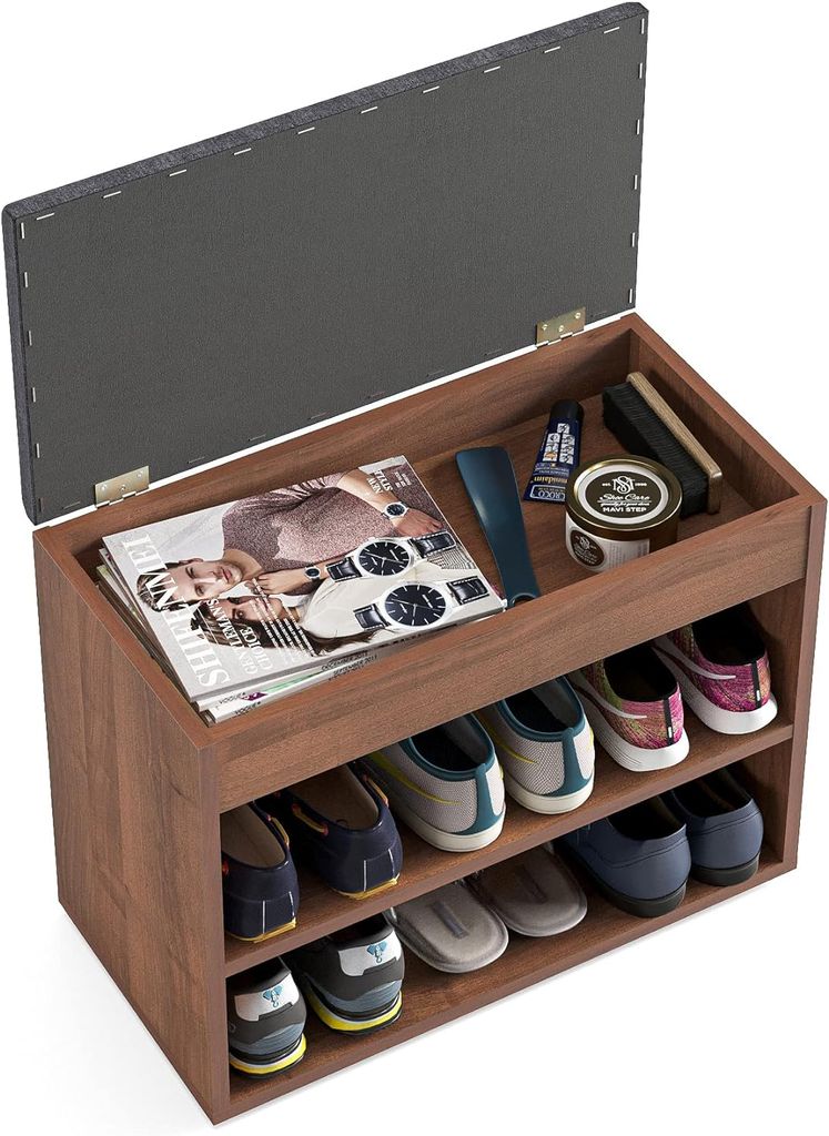 KOMTO Schuhbank mit Sitzfläche - Schuhregal Bank mit Stauraum Kleiner Schuhschrank mit Sitzbank Flur Bank Garderobenbank Sofia 60x48x32 cm Nussbaum