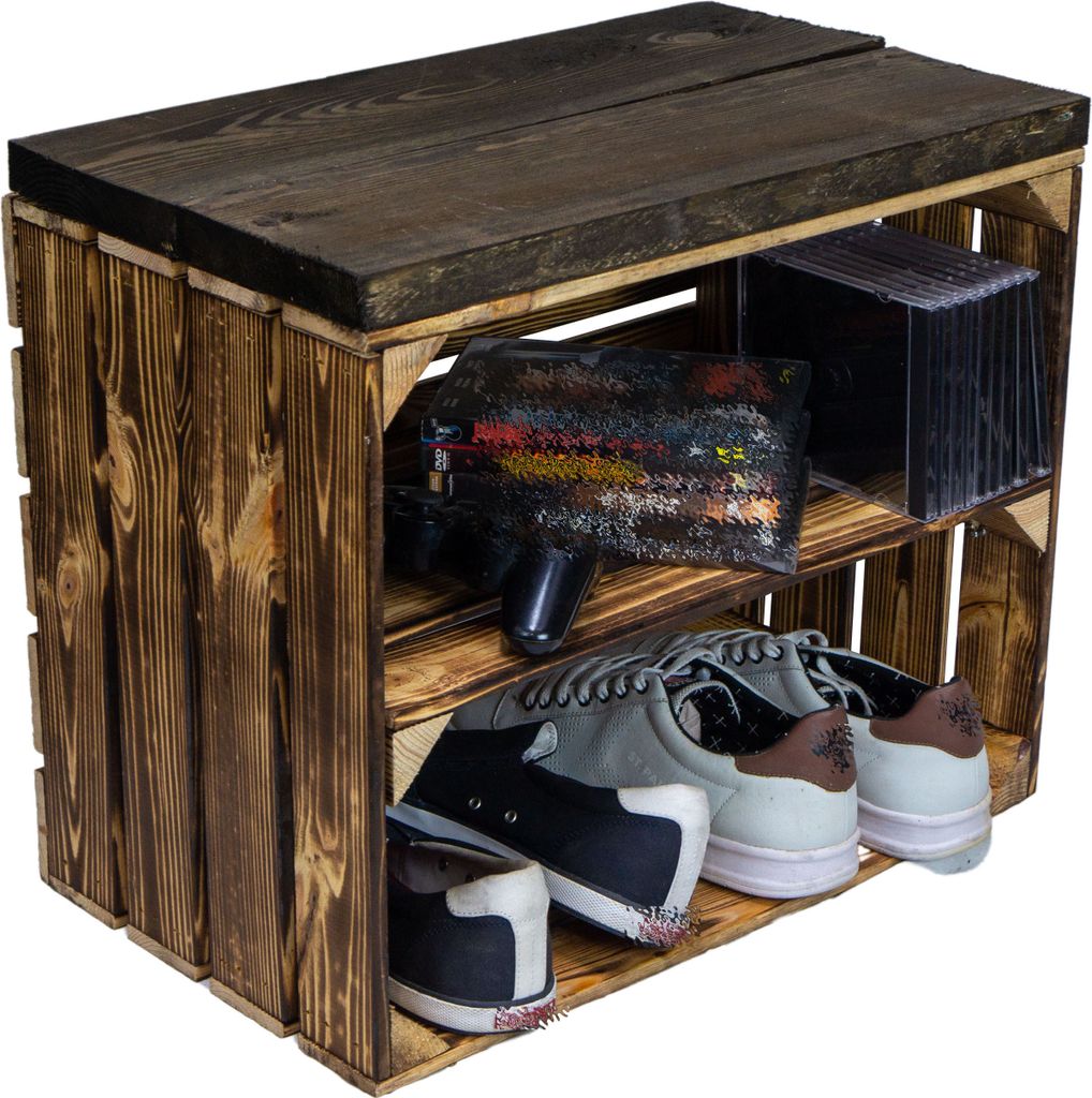 Sitzkiste Johanna - geflammt Längs - mit Planke Weinkiste Weinregal Obstkiste Schuhbank Schuhregal schwarze Planke