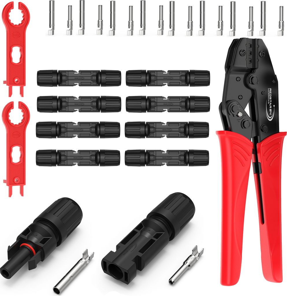 A set of solar connectors, crimping tools, and related accessories laid out on a white background.