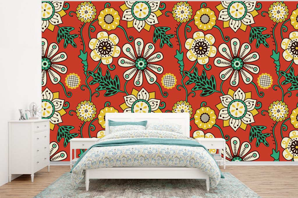 MuchoWow Fototapete für Wohnzimmer oder Schlafzimmer Wandtapete Vinyl Motivtapete Design - Blumen - Hippie - Retro - 400x300 cm - Papiertapeten