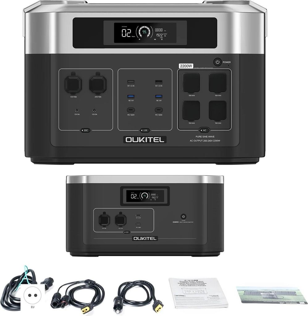 B20000E - Tragbare Powerstation / Solargenerator - 2048 Wh LiFePO4 - 2200 W Reiner Sinus - AC-Steckdosen - 1 Akku - Schwarz