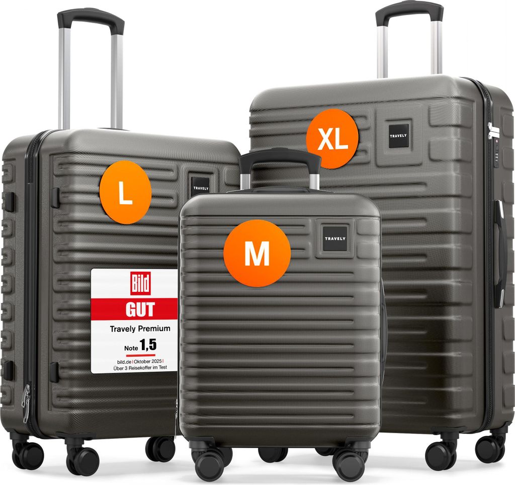TRAVELY Premium Koffer Set: 77cm, 67cm & 55cm Handgepäck Produktbild 