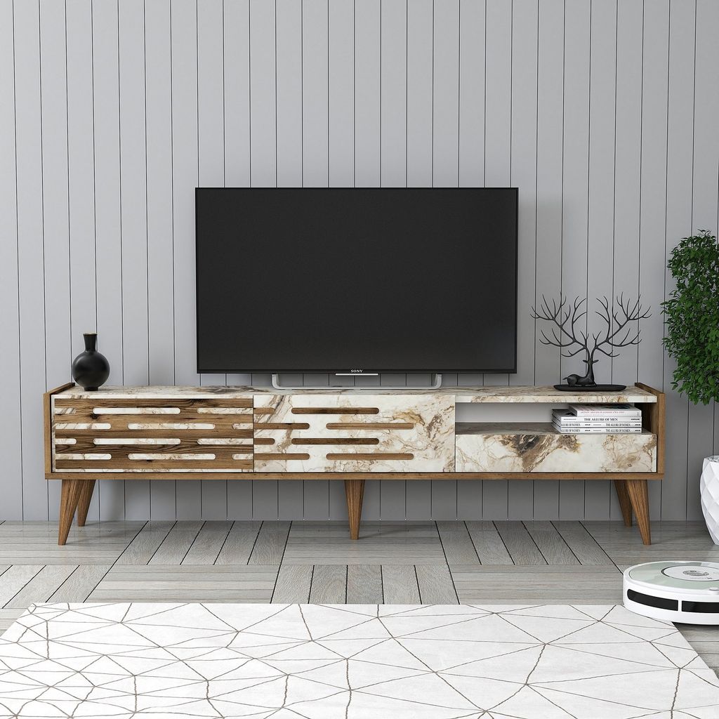 Skye Decor, Valensiya - Walnut, White, Marble, Fernsehtisch, Nussbaum, 100 % MELAMINBESCHICHTETE SPANPLATTEN, 180 x 45 x 35 cm
