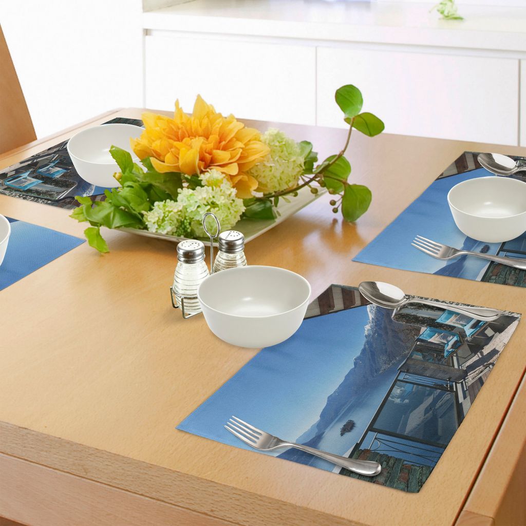 ABAKUHAUS Reise Platzmatten, Lange Sitze in der Terrasse mit See-Seeansicht-Sommerferien-Thema-Kunstdruck, Tiscjdeco aus Farbfesten Stoff für das ...