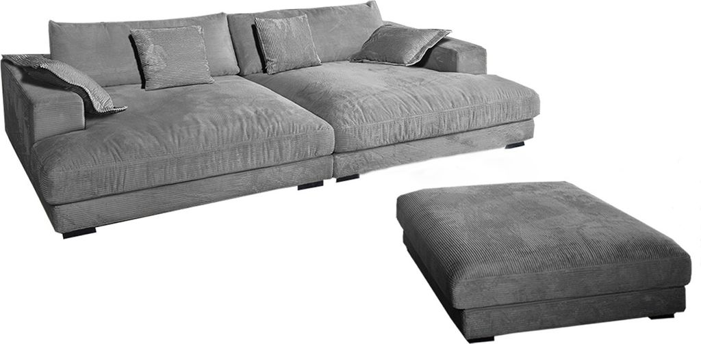 KAWOLA Big Sofa MADELINE Cord grau mit Hocker und 4 Zierkissen