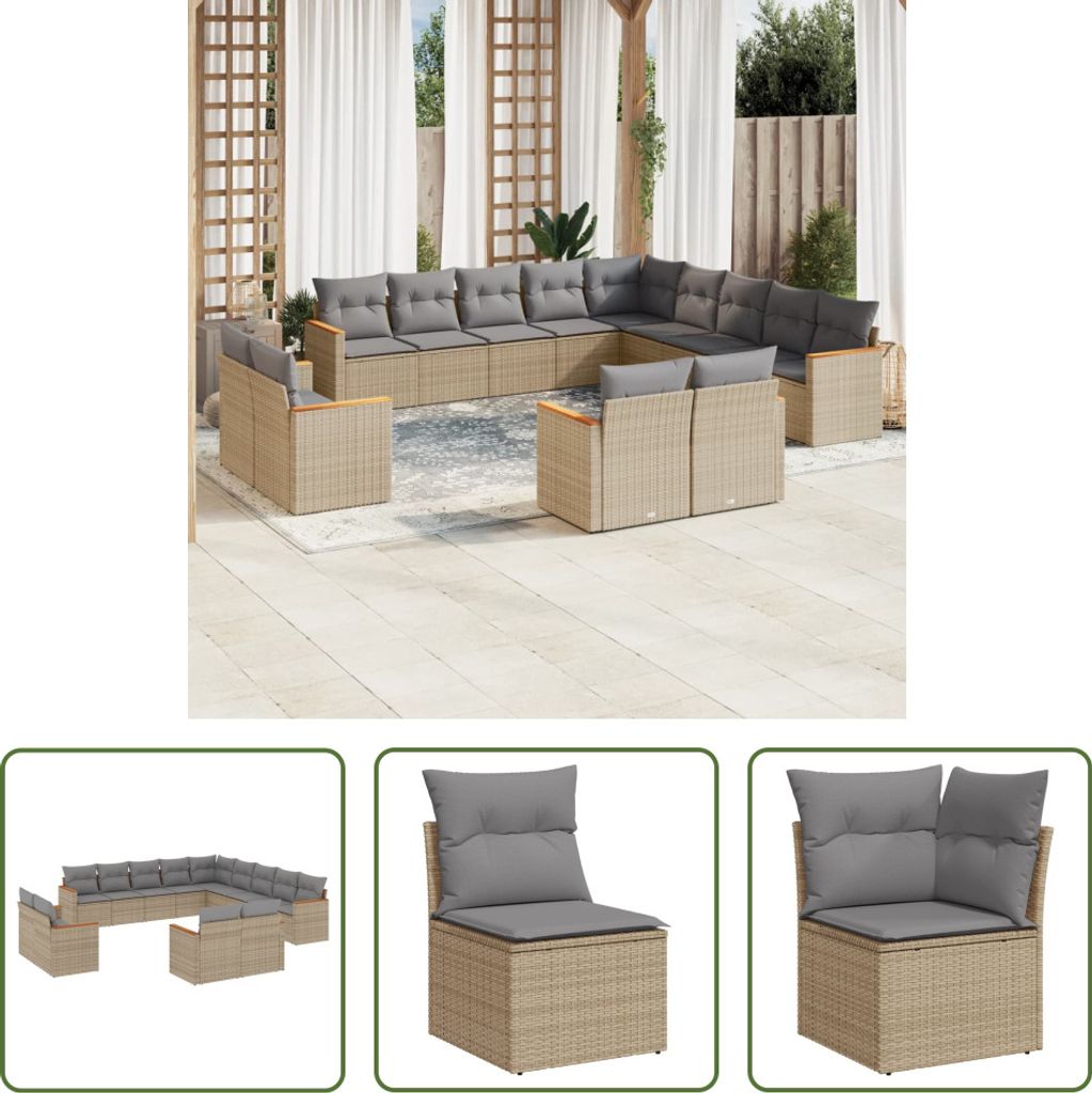 The Living Store 13-tlg. Garten-Sofagarnitur mit Kissen Beige Poly Rattan