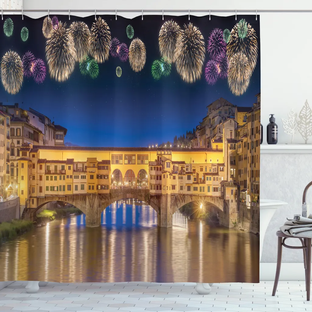 Rideau de douche vue urbaine nocturne opaque 175 x 240 cm avec 12 anneaux