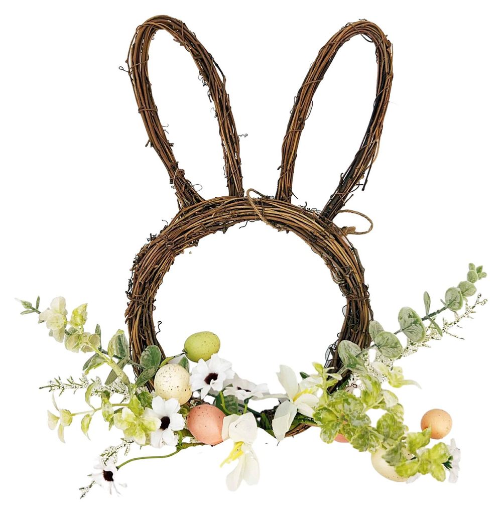 Osterhasen-Kranz, kleiner Hasen-förmiger Rattan-Kranz mit pastellfarbenen Eiern und Blumen für die Haustür, drinnen und draußen, Frühlingsdeko...
