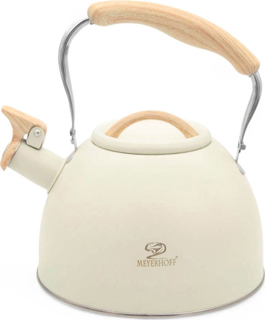 A cream-colored kettle with a wooden handle and lid, shown against a white background.