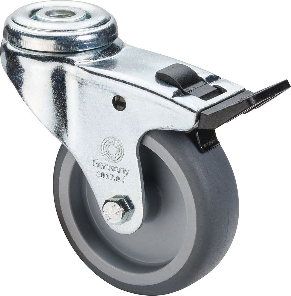 Lenkrolle m.Feststeller D.100mm Trgf.70kg m.Rückenloch Gleitlager Gum.