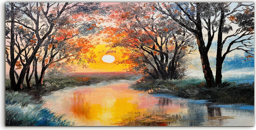 Coloray - Glasbild - 100x50 cm - Wandbild - Glasbilder - Wand Bild Wald Malerei Bäume Sonne See