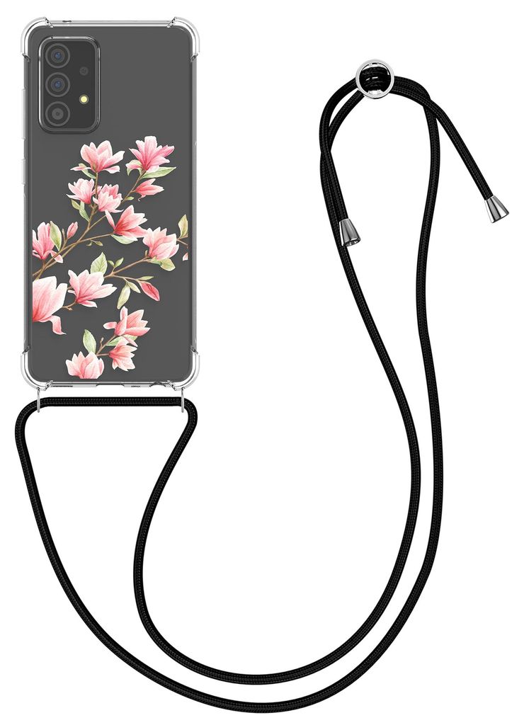 kwmobile Necklace Case kompatibel mit Samsung Galaxy A52 / A52 5G / A52s 5G Hülle - Silikon Cover mit Handykette - Rosa Weiß Transparent Magnolien