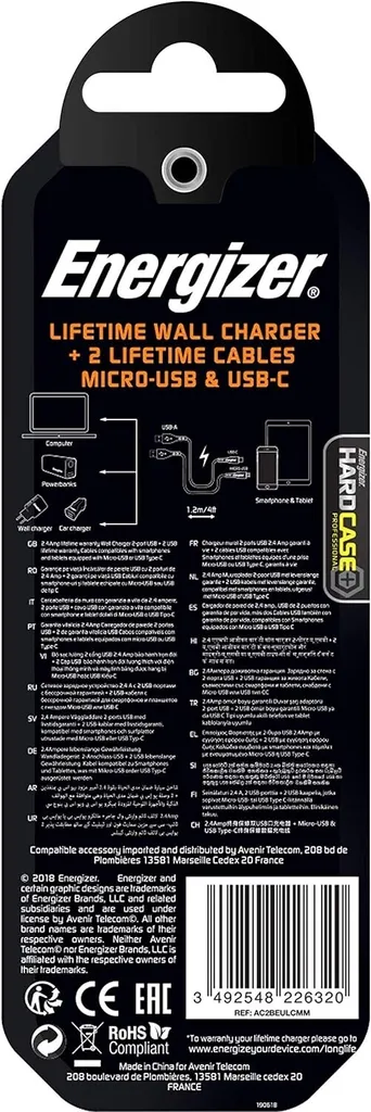 Chargeur Secteur Energizer HardCase Ultra Résistant + 2 Câbles Inclus - 18