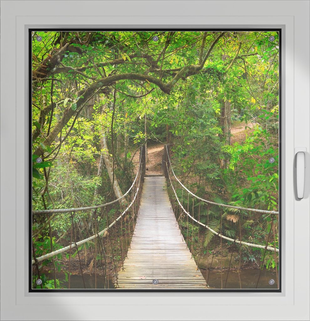 Wallario Lichtschutzbild, Dekorativer Sichtschutz Sonnenschutz 96 x 100 cm mit Motiv: Hängebrücke im Urwald grüner Dschungel - Verdunklung ohne ...