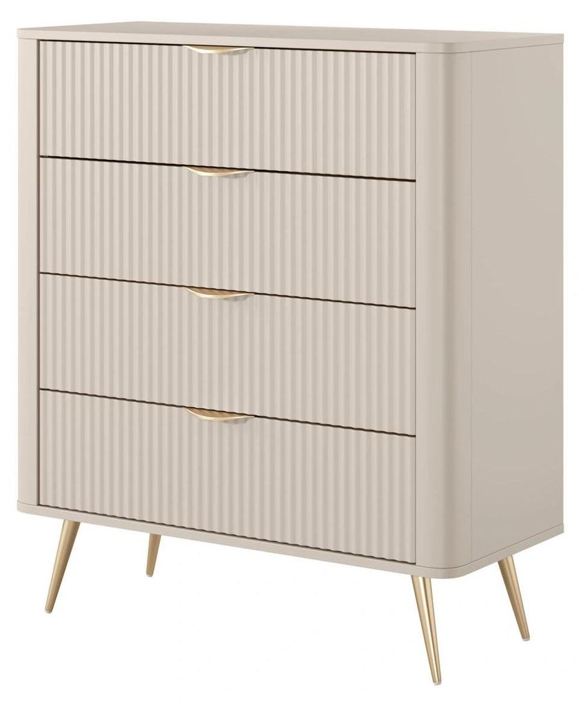 Kommode Sideboard FLORE 88 cm Beige Gold Geriffelt 4 Schubladen