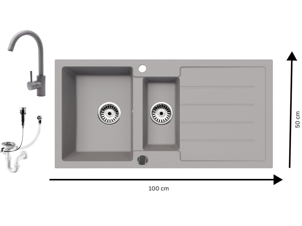 Granitspüle Spülbecken Küchenspüle Einbauspüle 100x50 cm 2 Becken mit Abtropffläche mit Armatur Grau