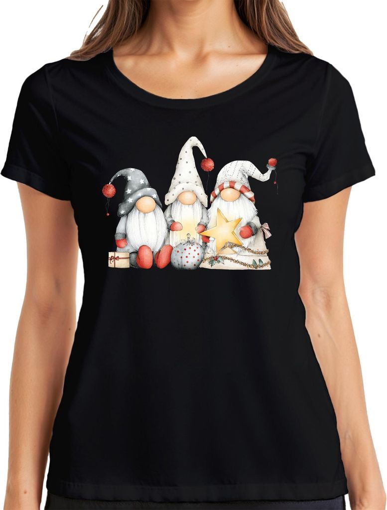 Weihnachtswichtel Trio Stern Geschenk rot grau skandinavisch Cozy Damen T-Shirt, Schwarz, XL