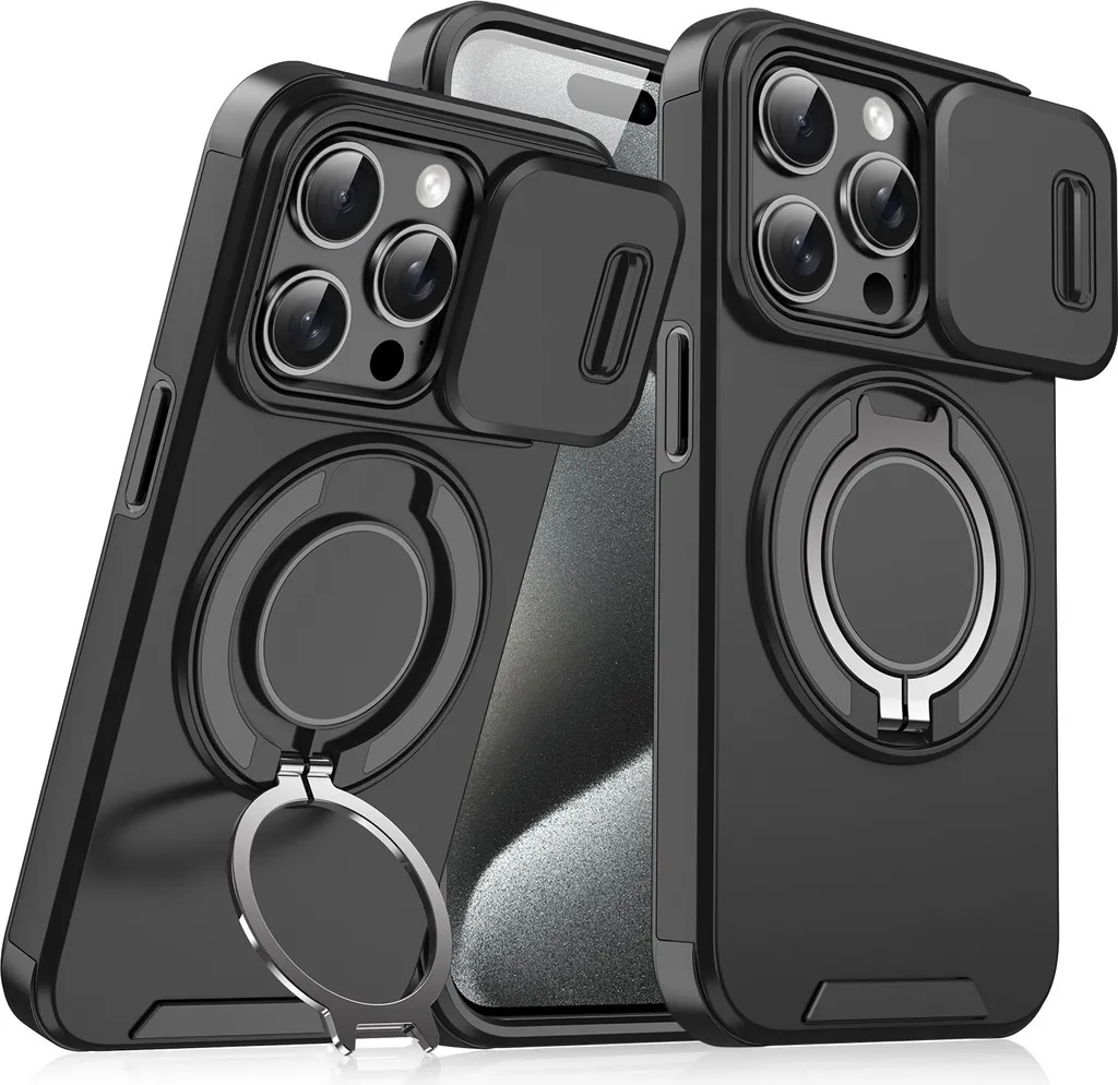 Custodia iPhone 15 Nera con Slide Camera e Anello - Stile Urban