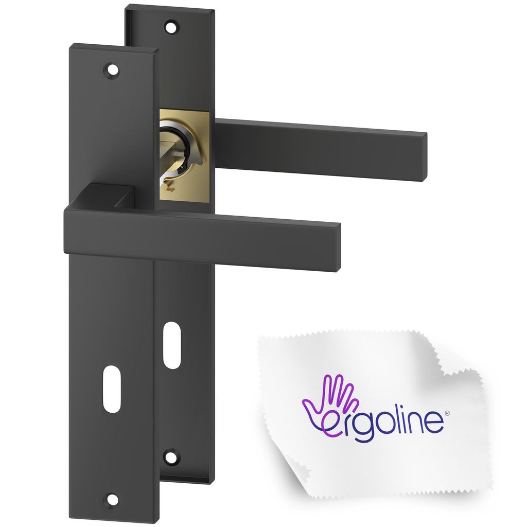 A black door handle set with a gold lock mechanism is shown against a white background, with a cleaning cloth featuring a logo in the lower right corner.