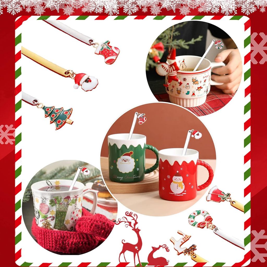 ESRISE Weihnachtslöffel Set - 6 Stück Edelstahl, Gold, 13,5cm, Mit Weihnachtsmotiven