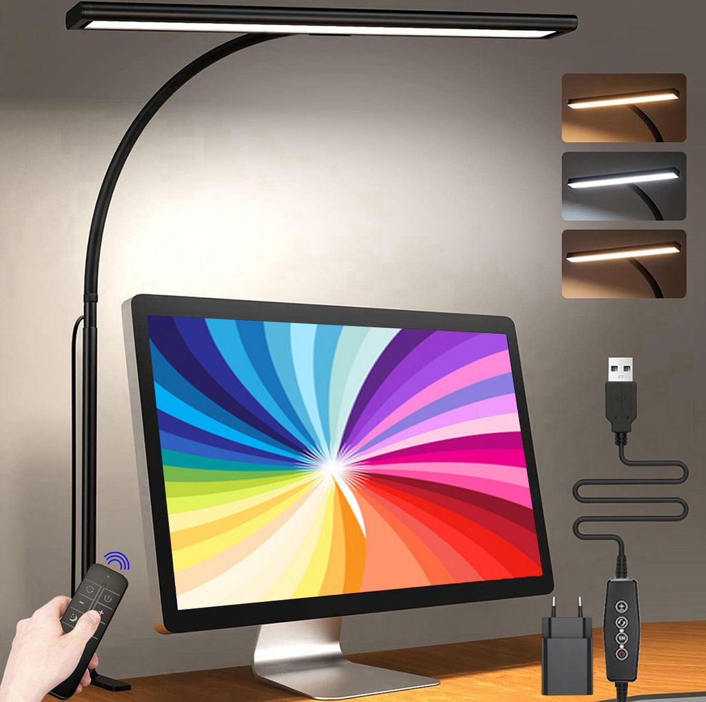 LED Schreibtischlampe Dimmbar 3 Lichtfarben,Klemmleuchte Timer Speicherfunktion,Leselampe Verstellbar Lampenarm Büro Arbeitszimmer(USB Stecker)