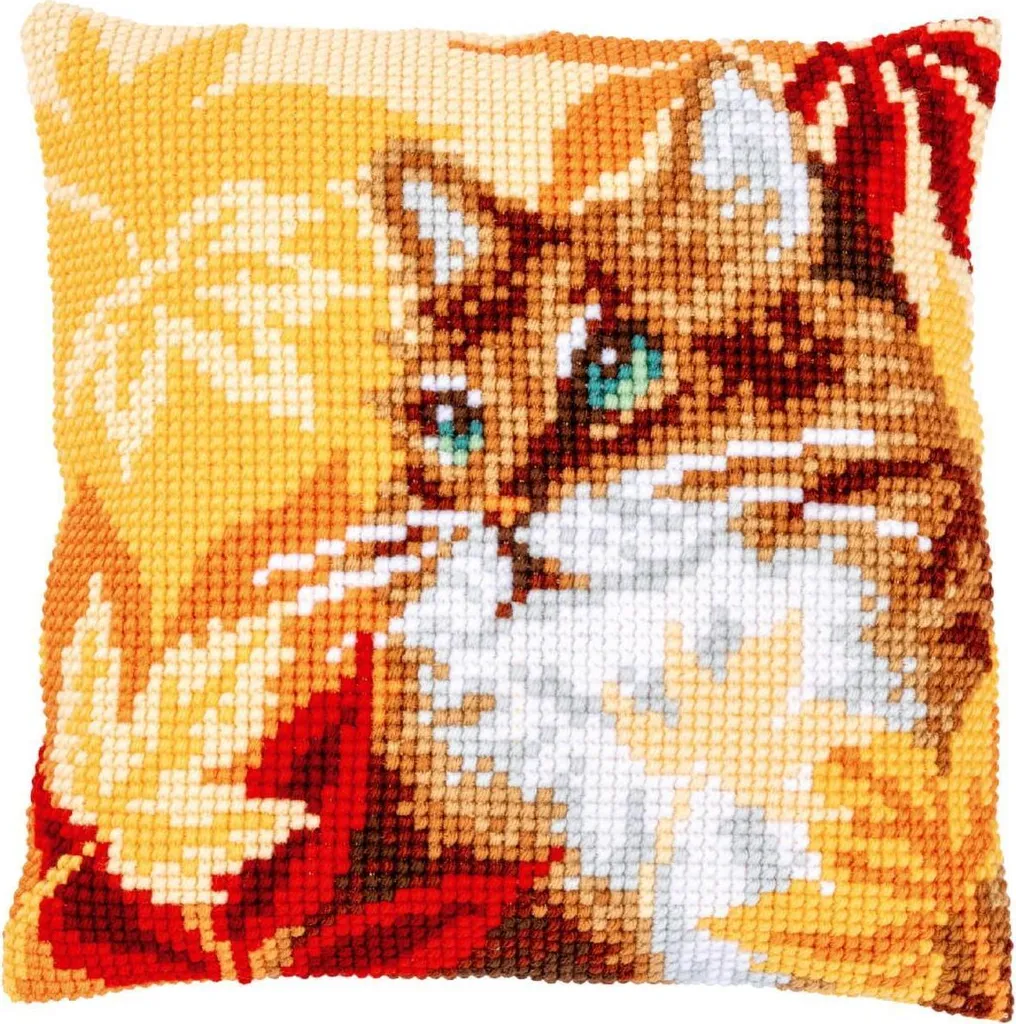 Kit canevas gros point de croix Chat et feuilles d'automne 40x40 cm