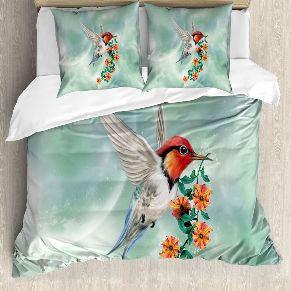 ABAKUHAUS Kolibri Bettbezug, Vogel mit Blume AST, Milbensicher Allergiker geeignet mit Kissenbezügen, 200 cm x 200 cm - 80 x 80 cm, Orange Grün