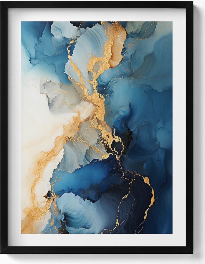 Flüssige Abstraktion mit Gold– Wandbild mit Rahmen – Gerahmtes Bild – Wanddekoration – 60x80 cm – Schwarz Rahmen