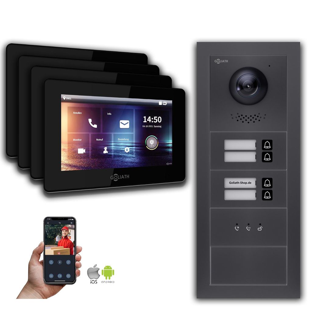 Goliath IP Video Türsprechanlage: 7-Zoll 4 Familienhaus, Blanko, Anzeige, Anthrazit : 7 Zoll Schwarz : Aufputz Dose Monitor Farbe: 7 Zoll Schwarz ...