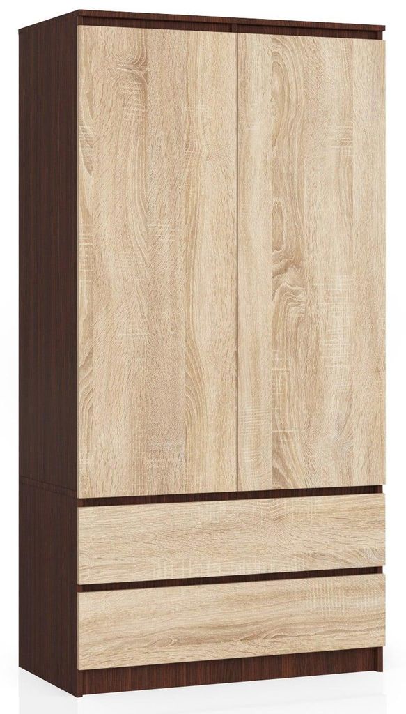 Kleiderschrank – Schlafzimmerschrank mit Kleiderstange – Dunkelbraun / Sonoma Eiche – 90 cm – Eleganter Drehtürenschrank mit 2 Türen und ...