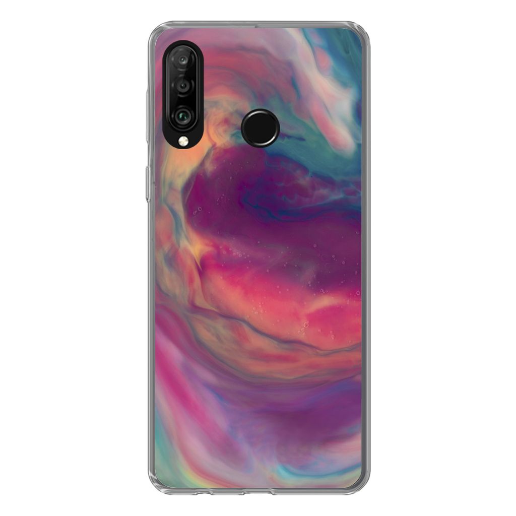 MuchoWow Handyhülle Schutzhülle Hülle für Huawei P30 Lite Flüssig - Rosa - Türkis - Abstrakt Silikon Softcase Handy Hülle - Handyhülle