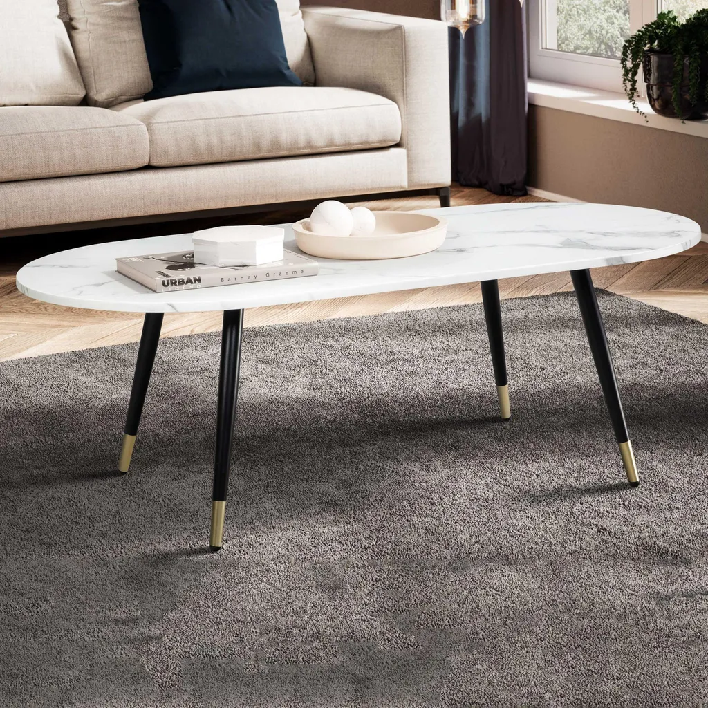WOHNLING Tavolino 120x60x41,5 cm con aspetto marmo Bianco Tavolo da soggiorno moderno con struttura in metallo Tavolino da divano Tavolo ovale Tavolino grande Soggiorno