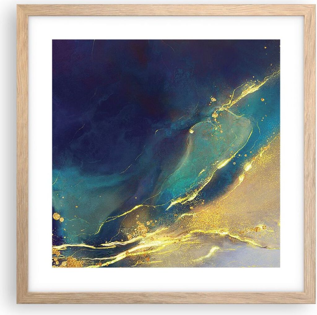 Gerahmtes Poster - Rahmen in heller Eiche - Gold Granate Abstraktion - 40x40 cm - Wand Bild - Wanddeko - Wandbilder - Kunstposter - Wandposter - Bi...