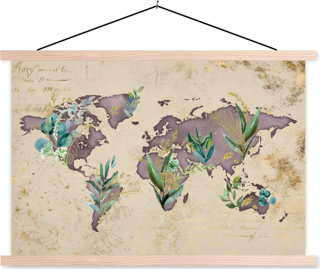 MuchoWow Textilposter Weltkarte - Vintage - Gold 120x80 cm mit holzfarbenen Rahmen - Aufhängeset