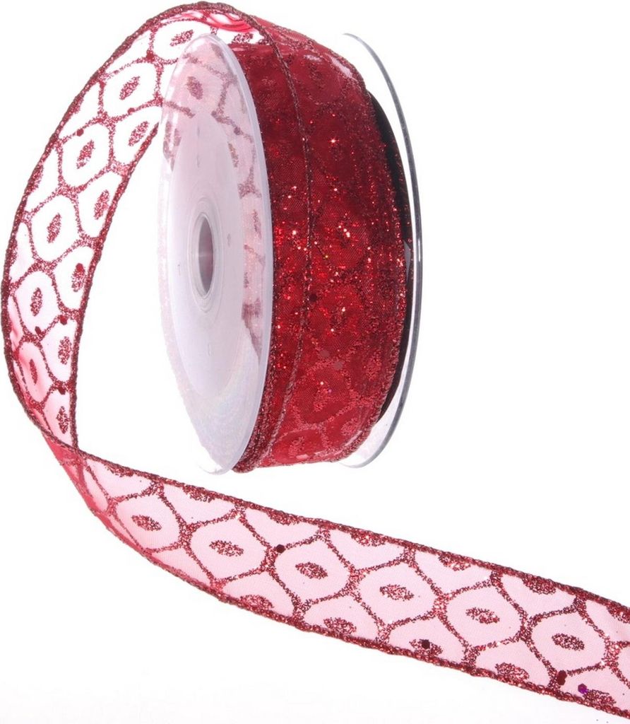 Weihnachtliches Organzaband mit Glitzerwabe - rot - 25 mm - 10 m - 93191-25-10-30