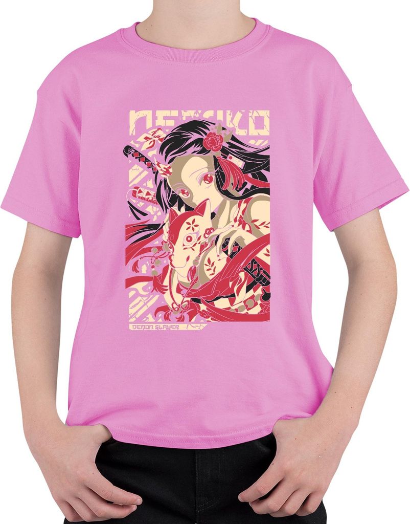 Demon Slayer Nezuko Kitsune Maske Anime Geschenk Japan Y2K Streetwear Manga Uni Kinder T-Shirt, Pink, 104