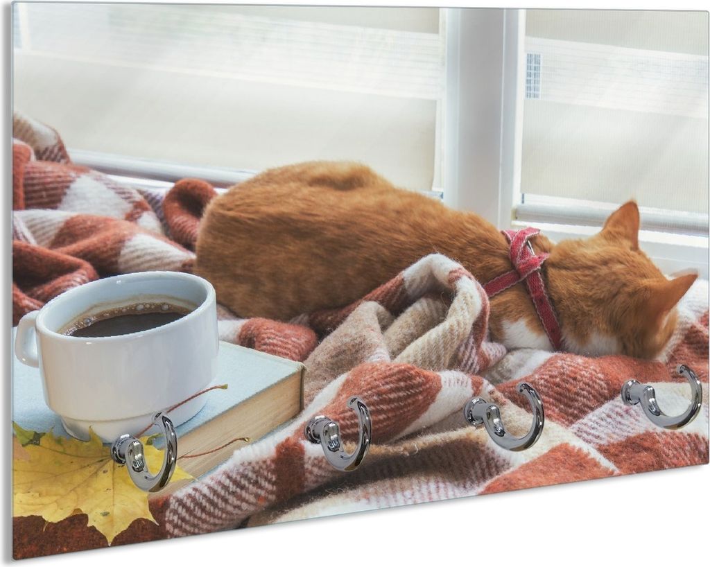 Wallario Schlüsselbrett aus Glas, Motiv: Schlafende Katze beim Kaffeekränzchen, 30 x 20 cm mit 4 Haken