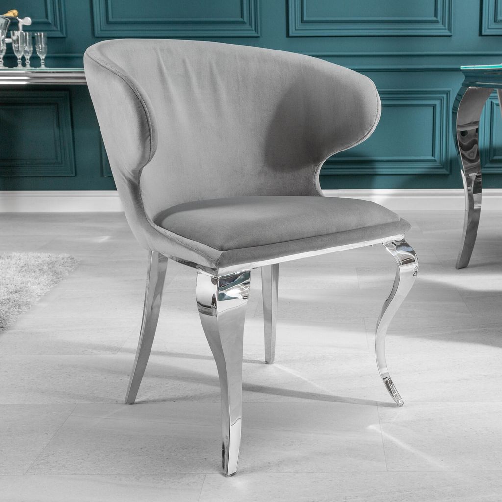 riess-ambiente Eleganter Stuhl MODERN BAROCK II edel-grau Samt Edelstahlbeine