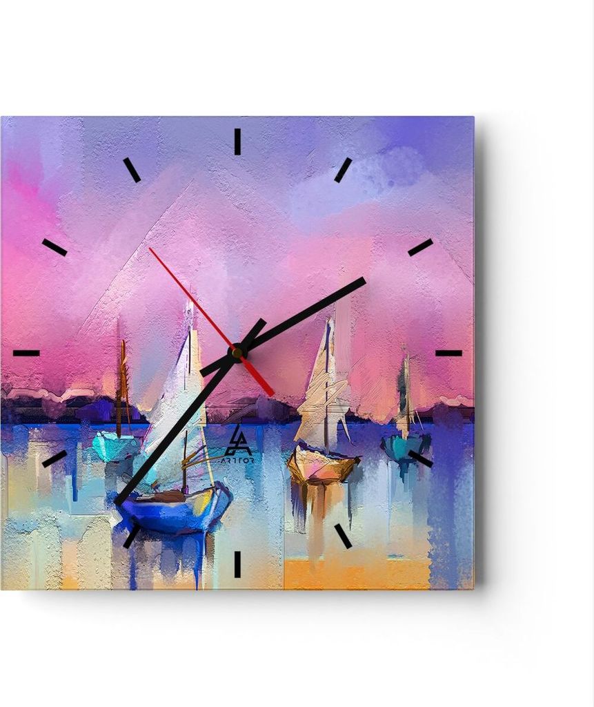 Wanduhr - Quadrat - Glasuhr - Segelboot See - 30x30cm - Schleichendes Uhrwerk - Lautlos - zum Aufhängen bereit - Dekoration Modern - Wanddekoratio...