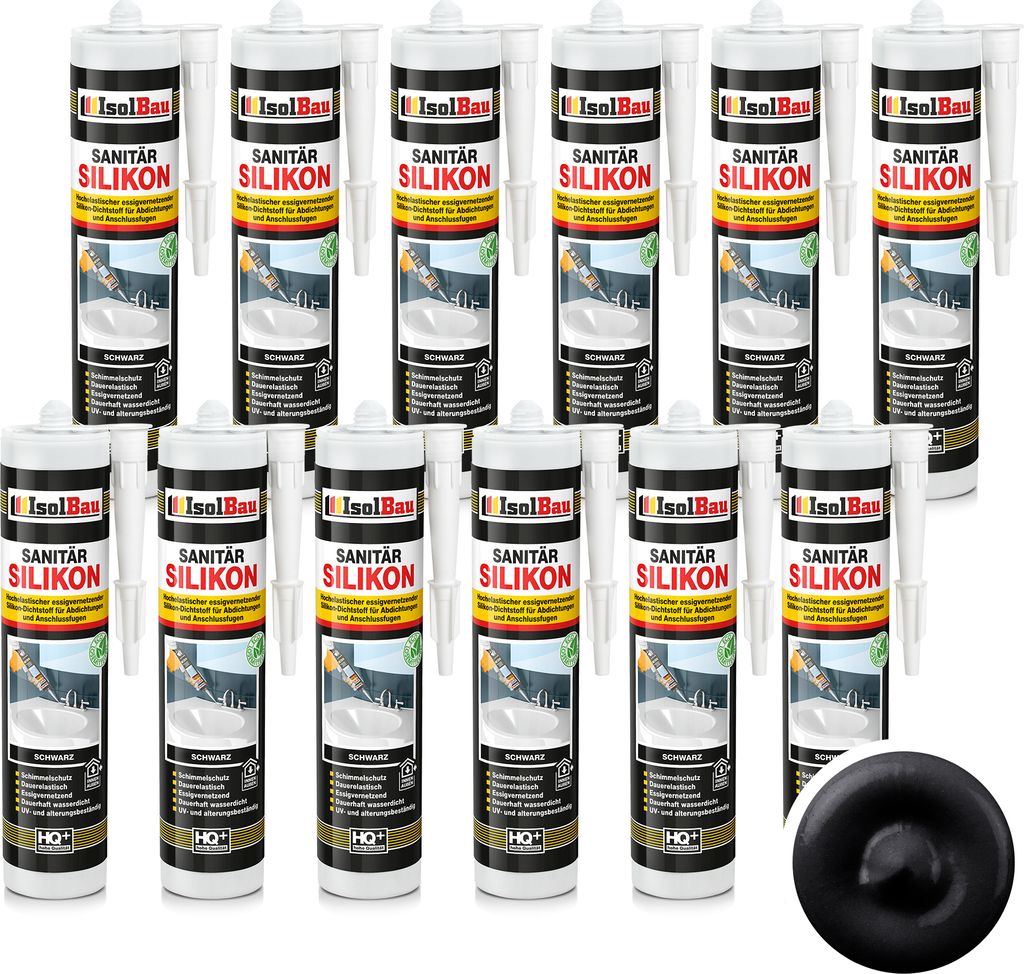 Isolbau Sanitär Silikon 12 x 300 ml Schwarz - Hochelastischer Silikon-Dichtstoff für Abdichtungen & Fugen – Schimmelresistent, wasserdicht - Ka...