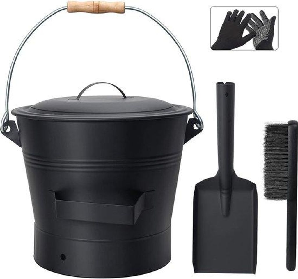 Emmer für offene Kamine, runde Kohle-Eimer mit Deckel, 10 Liter Eimer mit Schaufel und Besen, Werkzeugset-Accessoires für offene Kamine, Kamin, H...