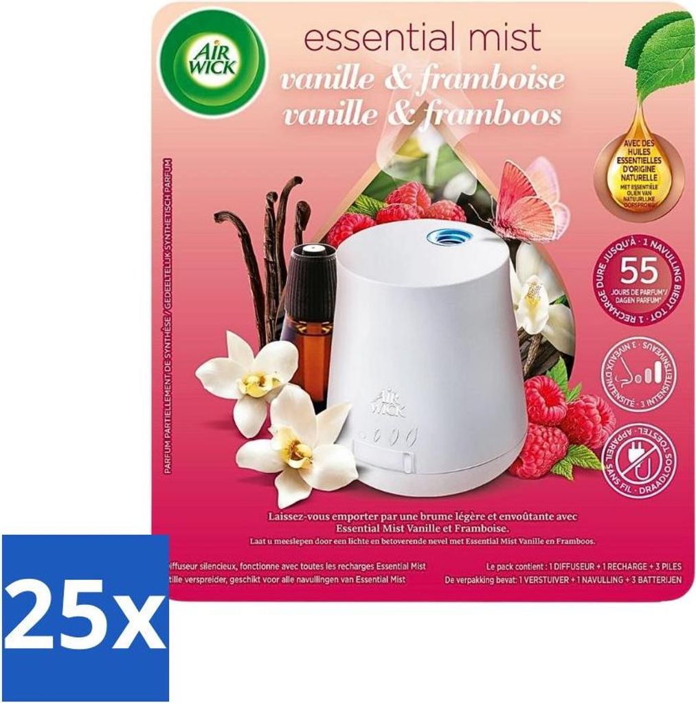 Air Wick Essential Mist – Automatischer Lufterfrischer-Starter-Kit – Vanille & Himbeere – 20 ml - Vorteilspack - 25 Stücke